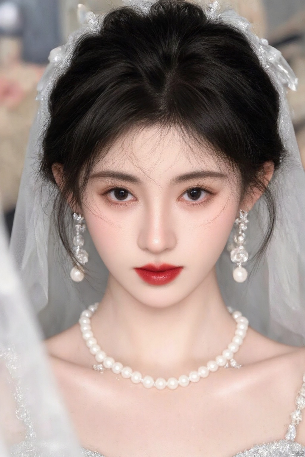 1girl, solo, looking at viewer, black hair, dress, hair between eyes, jewelry, earrings, necklace, white dress, black eyes, lips, makeup, lipstick, portrait, realistic, red lips, pearl necklace