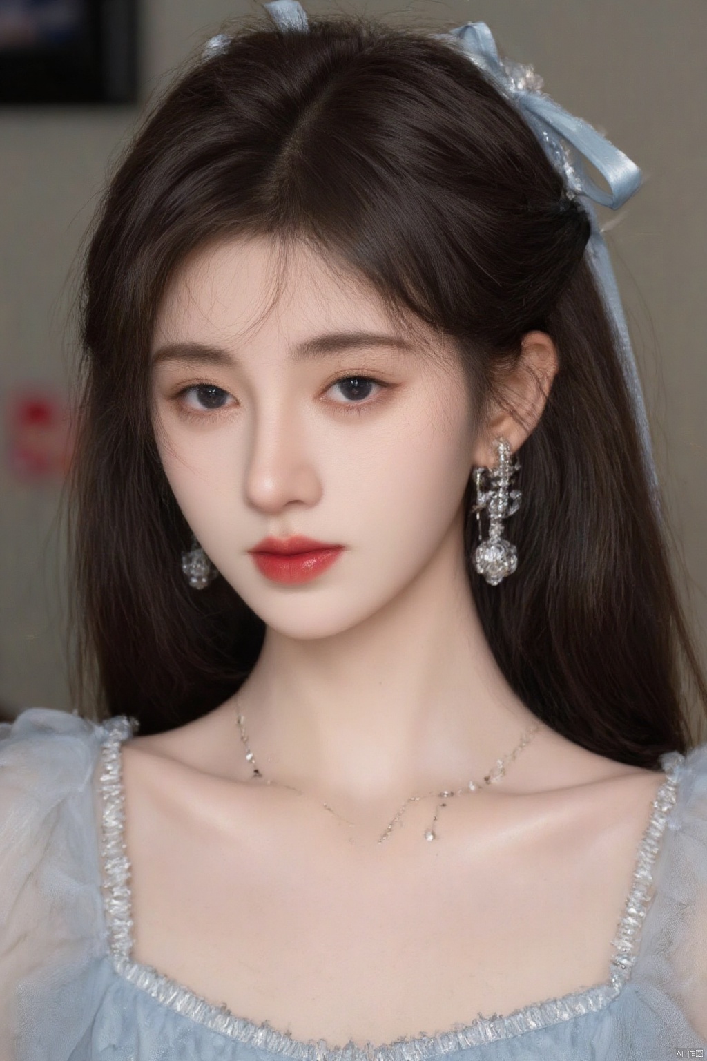1girl, solo, long hair, looking at viewer, brown hair, shirt, black hair, dress, ribbon, jewelry, closed mouth, hair ribbon, upper body, earrings, blurry, lips, makeup, blue ribbon, red lips
