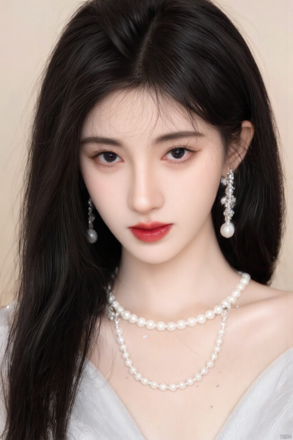 1girl, solo, long hair, looking at viewer, black hair, dress, jewelry, upper body, earrings, necklace, white dress, mole, black eyes, lips, makeup, lipstick, realistic, red lips, pearl necklace