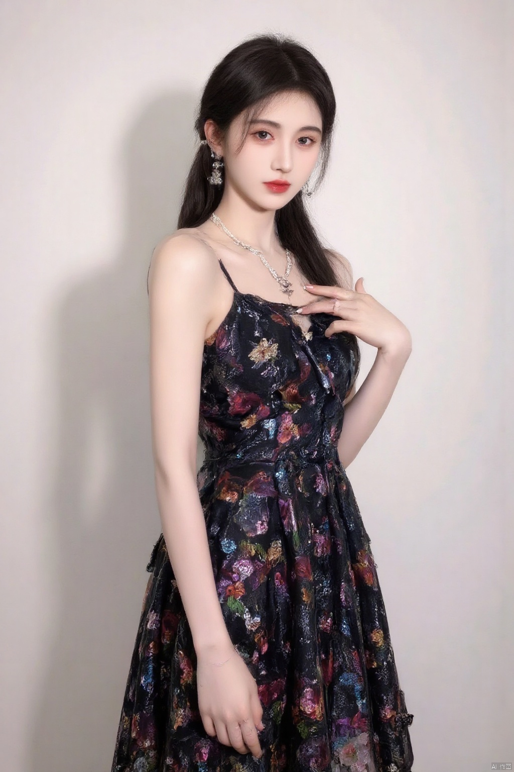 1girl, solo, long hair, looking at viewer, black hair, dress, bare shoulders, jewelry, ponytail, earrings, parted lips, necklace, black dress, lips, floral print, ring, realistic