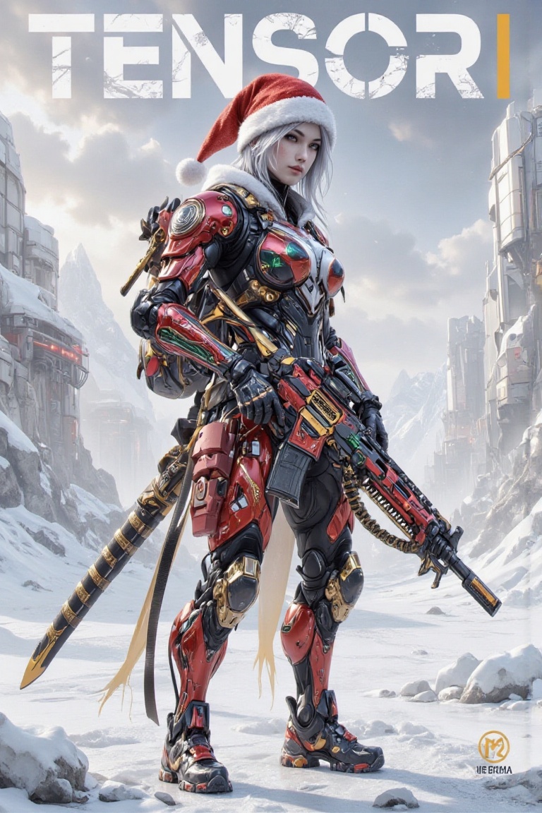 A dynamic,  festive warrior prepares for battle in a frozen,  arctic battlefield on Tensor.Art