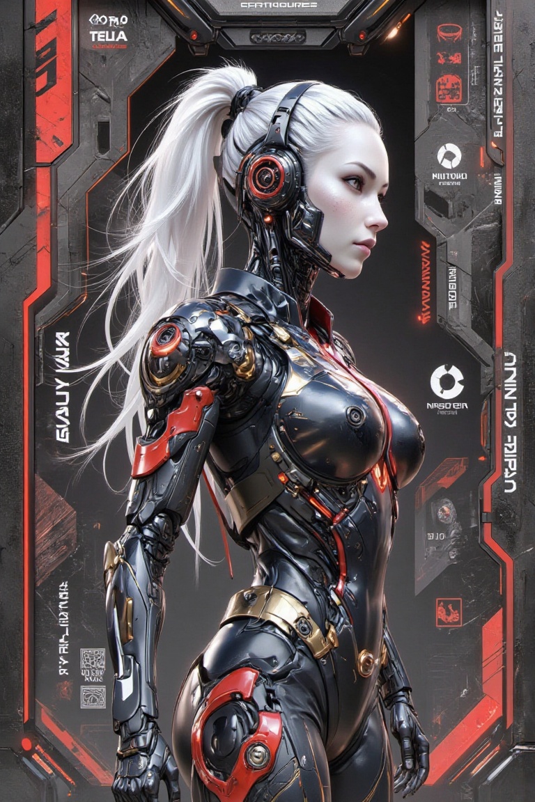 "Design a cyberpunk-inspired character profile featuring a futuristic,  high-tech aesthetic. The character is a sleek,  pa...