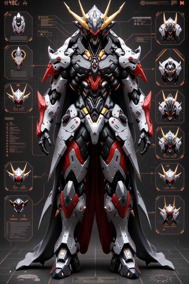 A highly detailed concept design of a futuristic mecha warrior,  showcased in a technical blueprint-style layout. The cent...