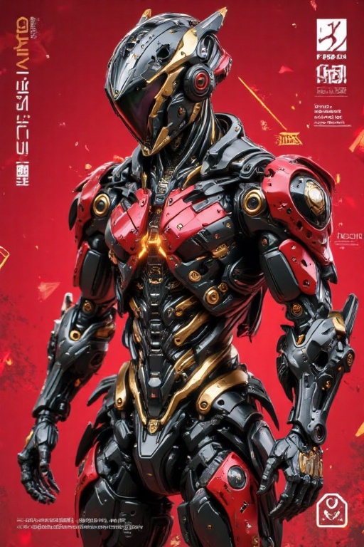 Frame: A futuristic cybernetic mech stands front-and-center against a vibrant red backdrop,  with geometric shapes and dig...