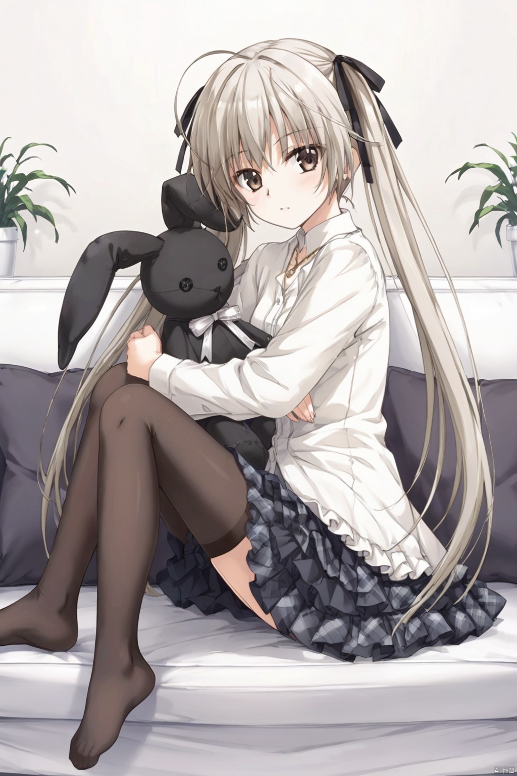 1girl solo long hair looking at viewer blush bangs skirt shirt thighhighs long sleeves ribbon twintails brown eyes jewelry sitting full body hair ribbon white shirt ahoge pleated skirt frills black thighhighs indoors black skirt necklace from side legs plaid black ribbon plaid skirt no shoes stuffed toy stuffed animal cross frilled skirt couch grey skirt stuffed bunny layered skirt,
masterpiece,best quality,official art,extremely detailed CG unity 8k wallpaper,,