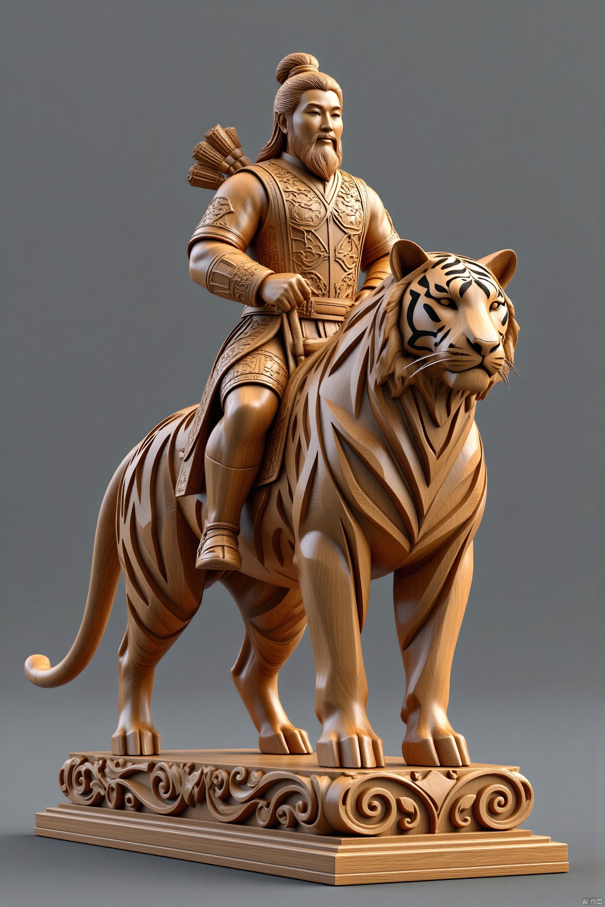 mudiao,(Chinese immortals wooden sculpture,riding on a tiger,gray background,full body,standalone display,geometric patterns,front view,3D art,C4D,3D rendering,light and shadow,depth of field,best quality,8K,super details,ultra-detailed,sharp focus,physically-based rendering,extreme detail description,professional,vivid colors,bokeh,detailed textures,realistic,photo-realistic:1.37),