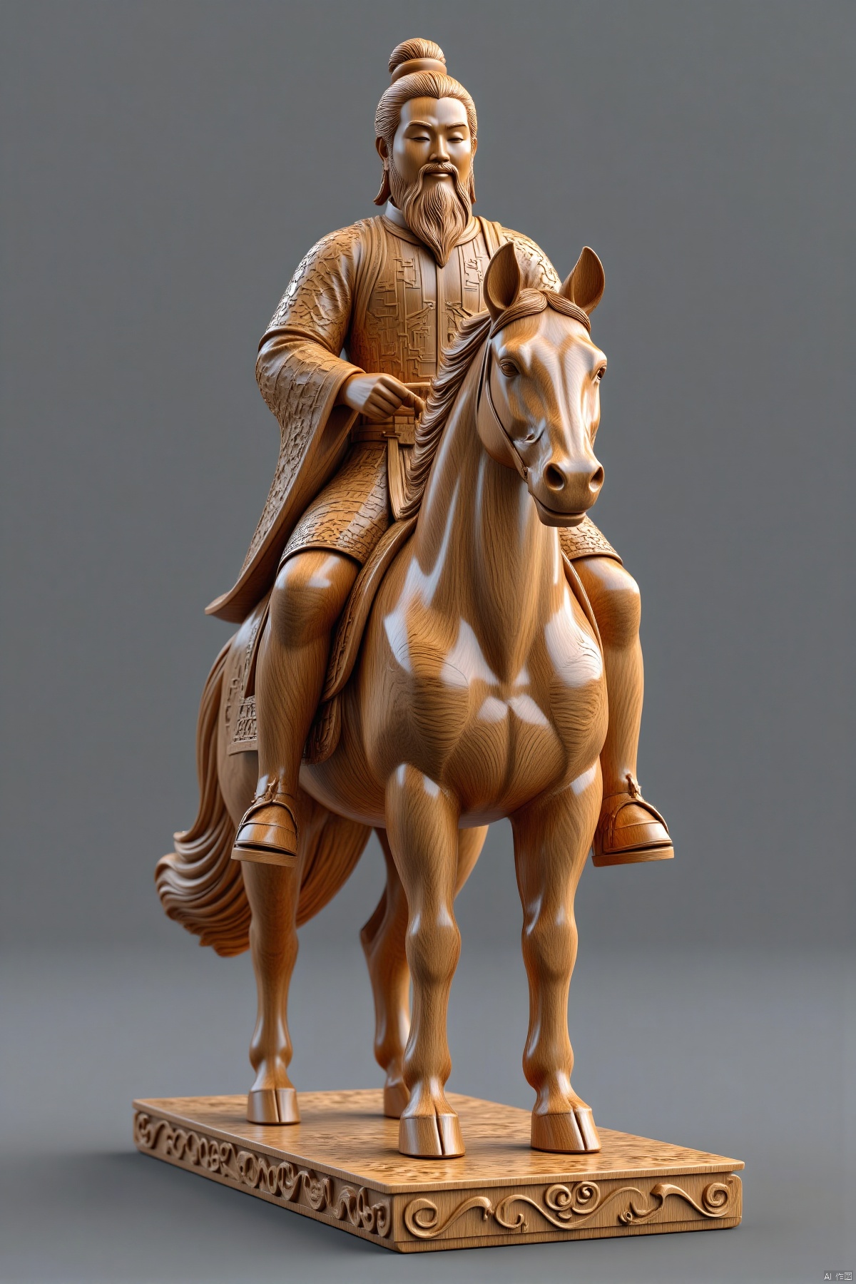 mudiao,(Chinese immortals wooden sculpture,riding on a Chinese Loong,gray background,full body,standalone display,geometric patterns,front view,3D art,C4D,3D rendering,light and shadow,depth of field,best quality,8K,super details,ultra-detailed,sharp focus,physically-based rendering,extreme detail description,professional,vivid colors,bokeh,detailed textures,realistic,photo-realistic:1.37),