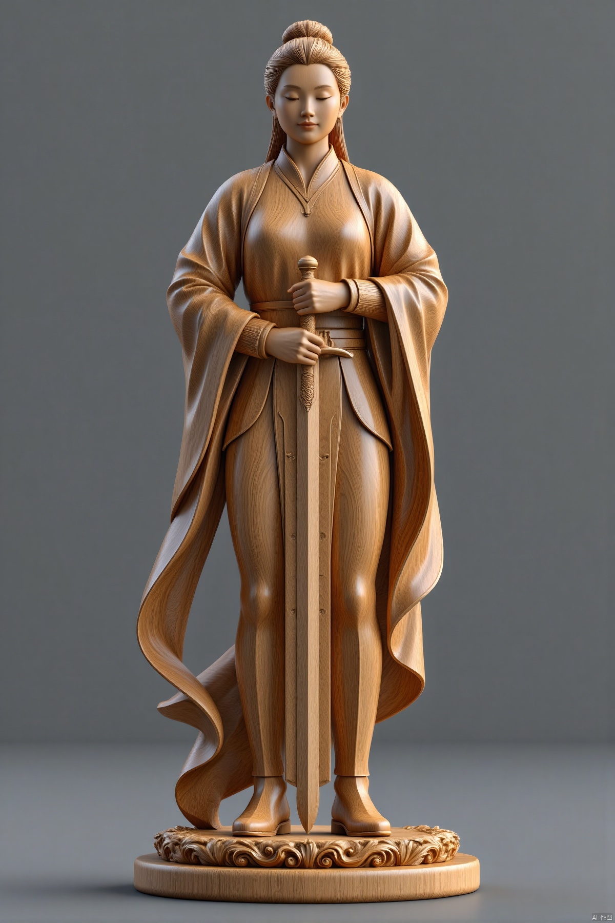 mudiao,(Chinese immortals wooden sculpture,flying at a sword,gray background,full body,standalone display,geometric patterns,front view,3D art,C4D,3D rendering,light and shadow,depth of field,best quality,8K,super details,ultra-detailed,sharp focus,physically-based rendering,extreme detail description,professional,vivid colors,bokeh,detailed textures,realistic,photo-realistic:1.37),