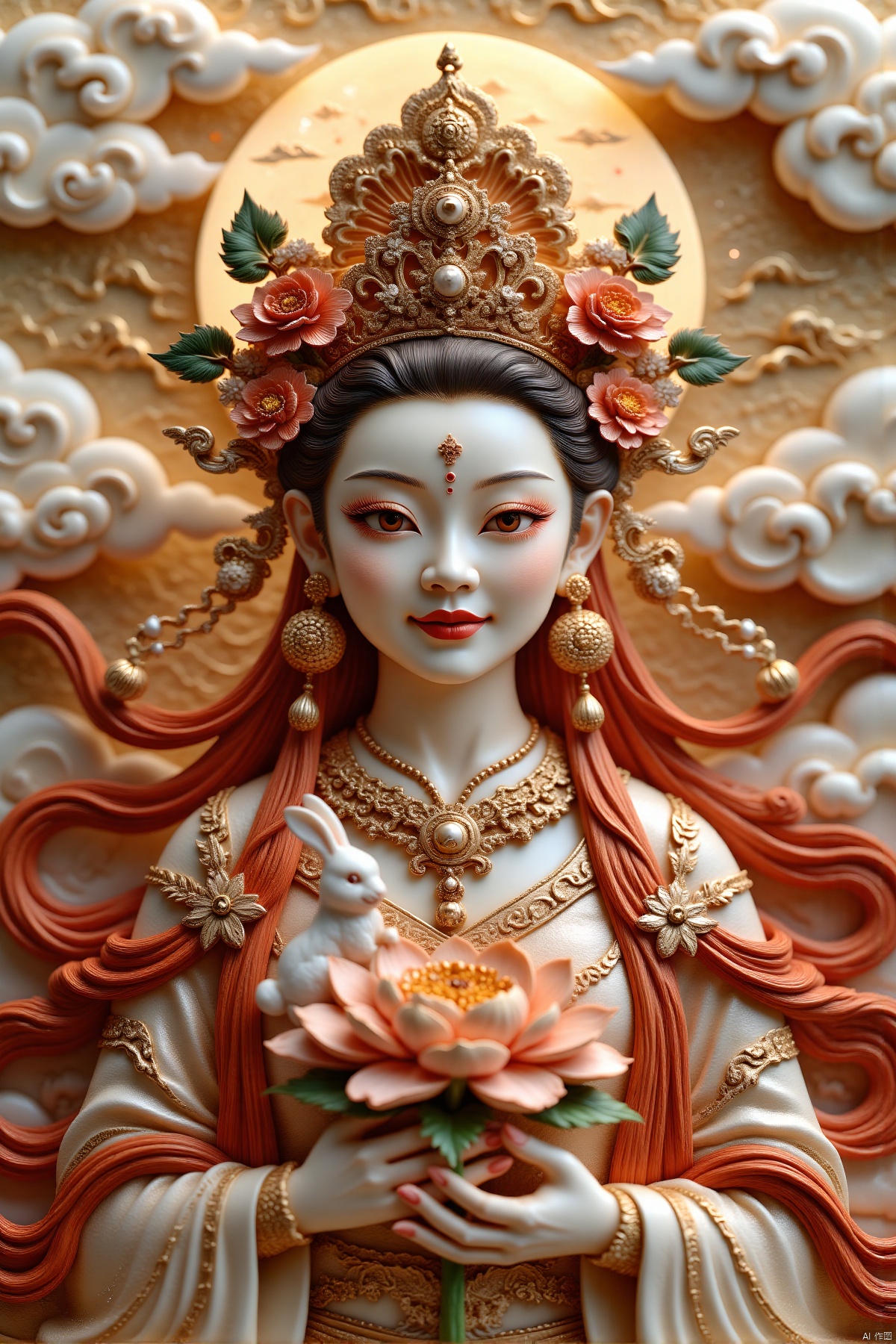mudiaoshanshui,(goddess,beautiful fairy,Guanyin deity,front view,white skin,detailed face,beautiful detailed eyes,red eyeshadow,red blush,red lips,extremely detailed eyes and face,long eyelashes,elaborate headdress,kingfisher feather,Cloisonne,enamel,flowers,pearls,tassels,upper body,holding lotus,flowing red silk,red silk ribbons,ethereal golden clouds,golden sky,halo on face,surrounded by clouds,shimmering gauze,satin,glowing particles,ray tracing,double exposure,small white rabbit,best quality,4k,8k,highres,masterpiece:1.2,ultra-detailed,realistic,photorealistic,photo-realistic:1.37,physically-based rendering,extreme detail description,vivid colors,bokeh),