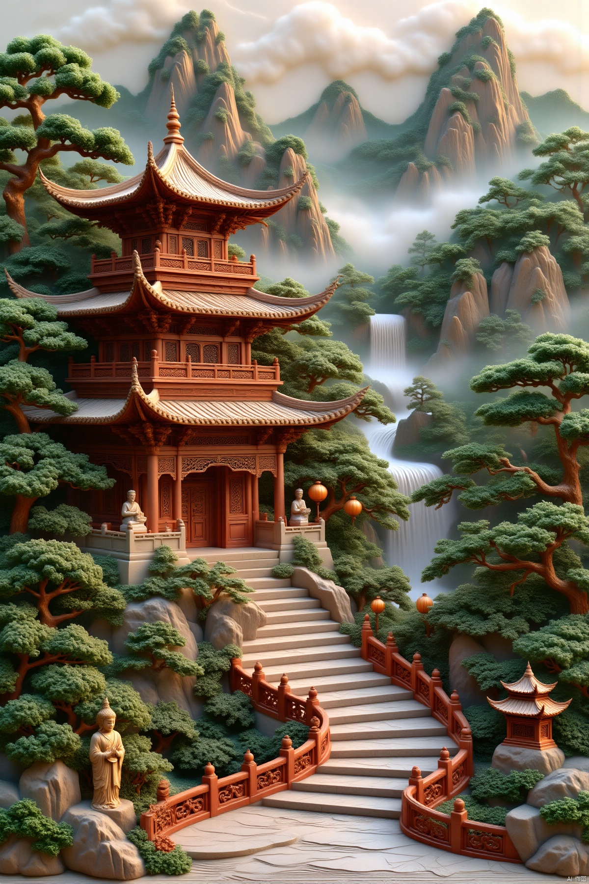 mudiaoshanshui,(best quality,4k,8k,highres,masterpiece:1.2),ultra-detailed,(realistic,photorealistic,photo-realistic:1.37),ancient Chinese temple on a misty mountain,serene and peaceful atmosphere,sacred and spiritual place,traditional Chinese architecture,detailed carvings and sculptures,stone steps leading to the temple,statues of Buddha and other deities,red and gold colors,lanterns hanging from the eaves,incense smoke in the air,beautiful natural surroundings,green forests and tall mountains,waterfall in the background,soft and warm lighting,calm and tranquil ambiance,spiritual and meditative,Chinese landscape painting style,harmonious and balanced composition,rich cultural and historical significance,ethereal and mystical vibe