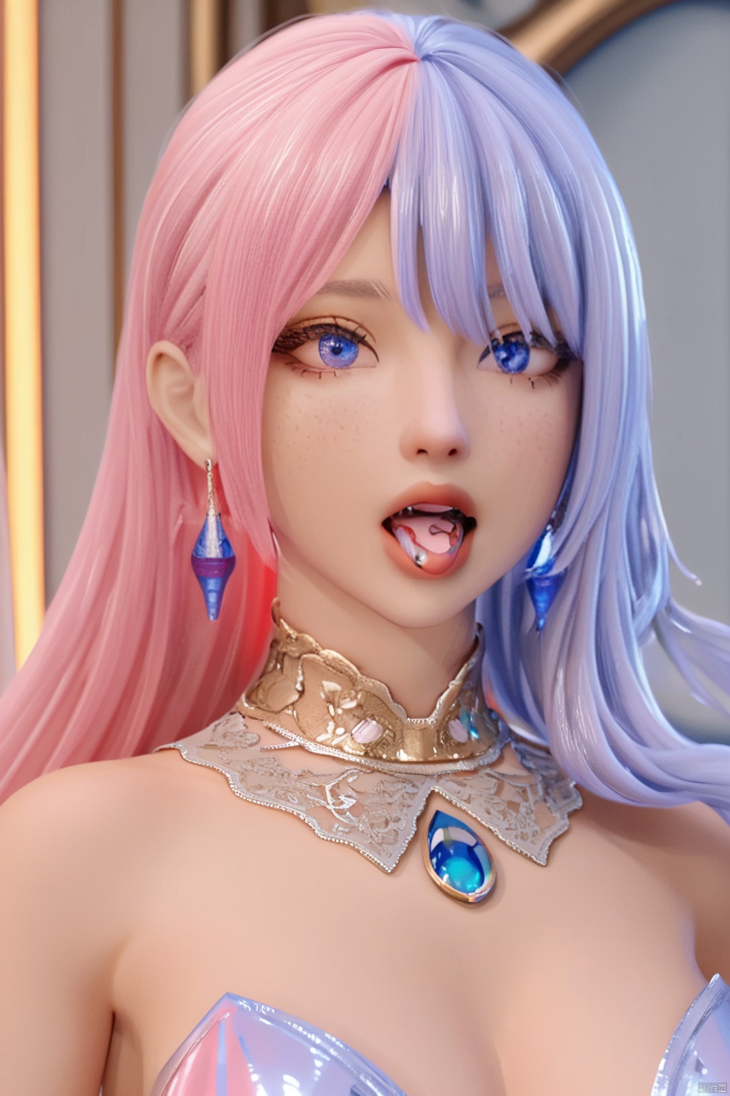 
fashion shoot, perfect zoomed-in closeup portraiture, beautiful chinese goddess,((light indigo hair)) perfect sweet face and glowing blue eyes, open mouth playful tongue, sensational alluring expression, multicolor peacock feather jewellery, teal smoky, smokes, smoky trail, Miki Asai Macro photography, long flowing teal and pink hair, Fantastic Realism and Sharp Focus, Mysterious fantasy Filigree Elements, filigree red drops, futuristic vibrant filigree multicolored jewellery, veiled chantilly lace, Glowing Accents, fantasy art, golden natural appearance, symmetrical, glowing gems, sci-fi jewellery