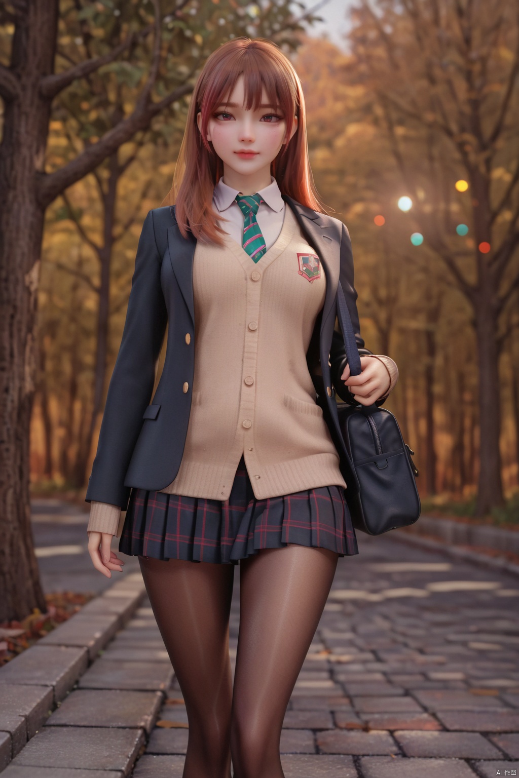  Best quality , masterpiece , ultra high res , raw photo , detail face , detailed skin ,( realistic , photo - realistic :1.3). dramatic lighting . light on face ,1girl, solo , cowboy shot , standing , Copper Hair , Forest , outdoors , looking at viewer , **ile , long hair , bangs , ature female , milf , narrow waist , skinny , open clothes , black pantyhose , black jacket , school uniform , long sleeves , sleeves past wrists , collared shirt , pleated skirt , black skirt , miniskirt , plaid skirt , bag , shoes , black footwear , blazer , cardigan , plaid , school bag , necktie , high school , street , tree , lens flare , wind ,black pantyhose,score_9 score_8_up score_7_up,