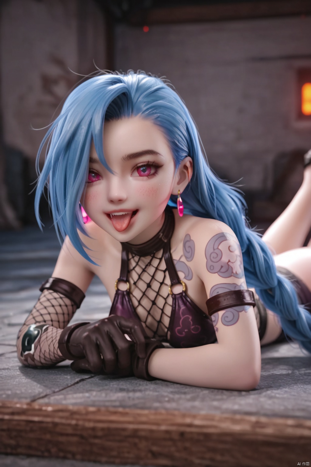 1girl, solo, long hair, looking at viewer, blush, smile, open mouth, bangs, gloves, bare shoulders, jewelry, very long hair, blue hair, braid, :d, earrings, lying, detached sleeves, teeth, tongue, pants, artist name, tongue out, pink eyes, twin braids, tattoo, glowing, upper teeth only, black pants, on stomach, fishnets, asymmetrical bangs, arm tattoo, shoulder tattoo, jinx \(league of legends\)