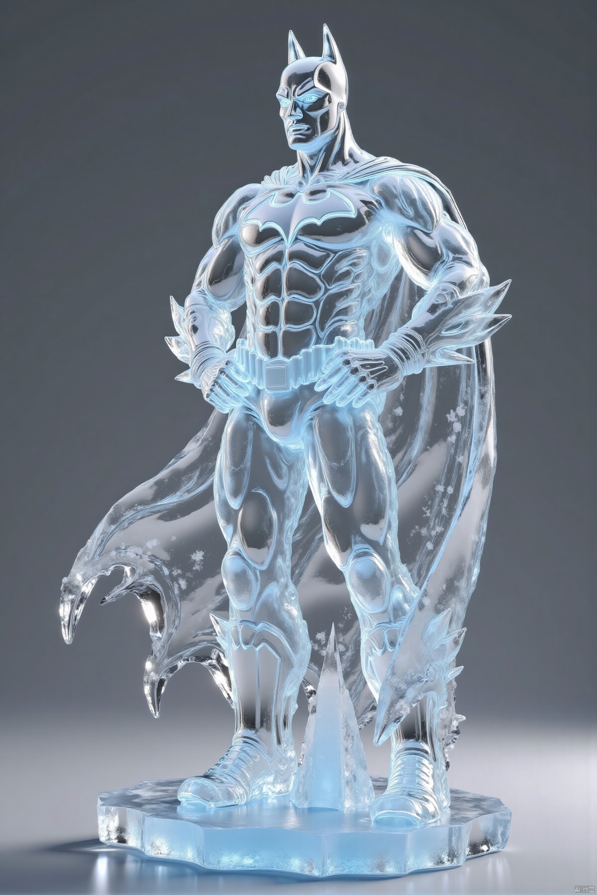 (best quality,4k,8k,highres,masterpiece:1.2),ultra-detailed,(realistic,photorealistic,photo-realistic:1.37),ice and crystal statue,Batman figurine,stands ground,gray background,cape flows,hands on hips,face turned side,looking off-frame,shiny surface,frosty texture,detailed cape,defined muscles,serious expression,strong jawline,beautiful detailed eyes,beautiful detailed lips,extremely detailed eyes and face,long eyelashes,crystal clear details,sharp focus,studio lighting,physically-based rendering,extreme detail description,professional,vivid colors,cool tones,soft shadows,highlighted edges,ice sculpture,crystal art,heroic pose,comic book style,modern art,sculpture,translucent,glittering,reflections,icy atmosphere,subtle gradients,high contrast,smooth transitions