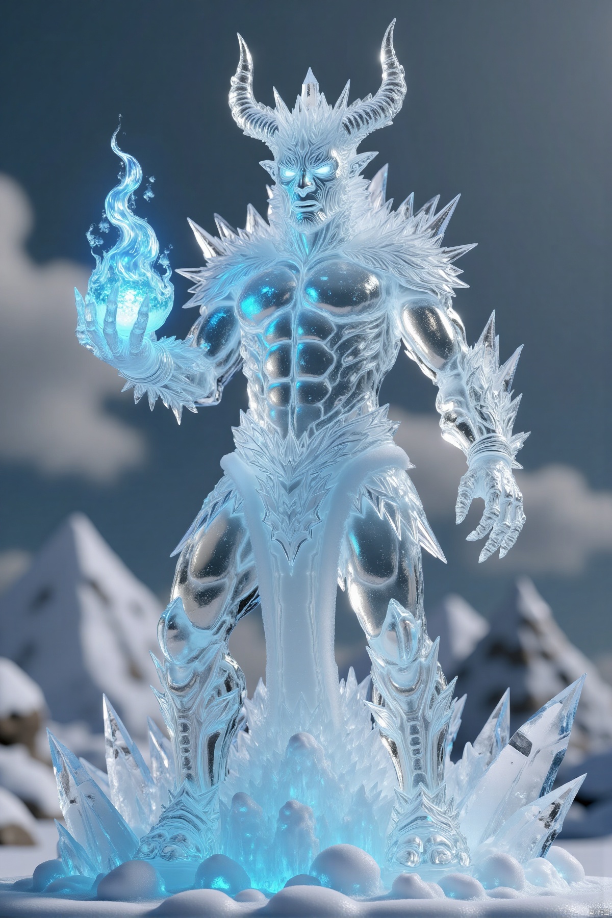 (ice and crystal statue,icy demon king holding orb,blue fire in left hand),(best quality,4k,8k,highres,masterpiece:1.2),ultra-detailed,(realistic,photorealistic,photo-realistic:1.37),HDR,UHD,sharp focus,physically-based rendering,extreme detail description,professional,vivid colors,bokeh,translucent,glowing,icy atmosphere,frozen landscape,crystal details,sharp claws,ornate armor,evil expression,blue flames,icy mist,glacial environment,ominous sky,arctic setting,icy throne,glittering ice,reflections,icy spikes,shimmering,ethereal glow,frigid temperature,dark fantasy,concept art,ice magic,blue tones,cold lighting,icy blue,glacial colors,icy texture,ice shards,glacial ice,ice crystals,ice sculpture,demon king portrait,ice demon,icy realm,ice fortress,blue and white,ice palace,icy kingdom,icy terrain,ice and snow,icy landscape,ice and frost,ice and cold,ice and snowscape,ice and crystal,ice and frosty,ice and wintry,ice and chilly,ice and freezing,ice and icy,ice and glacial,ice and arctic,ice and polar,ice and frozen,ice and frosty,ice and snowy,ice and wintry,ice and chilly,ice and freezing,ice and icy,ice and glacial,ice and arctic,ice and polar,ice and frozen