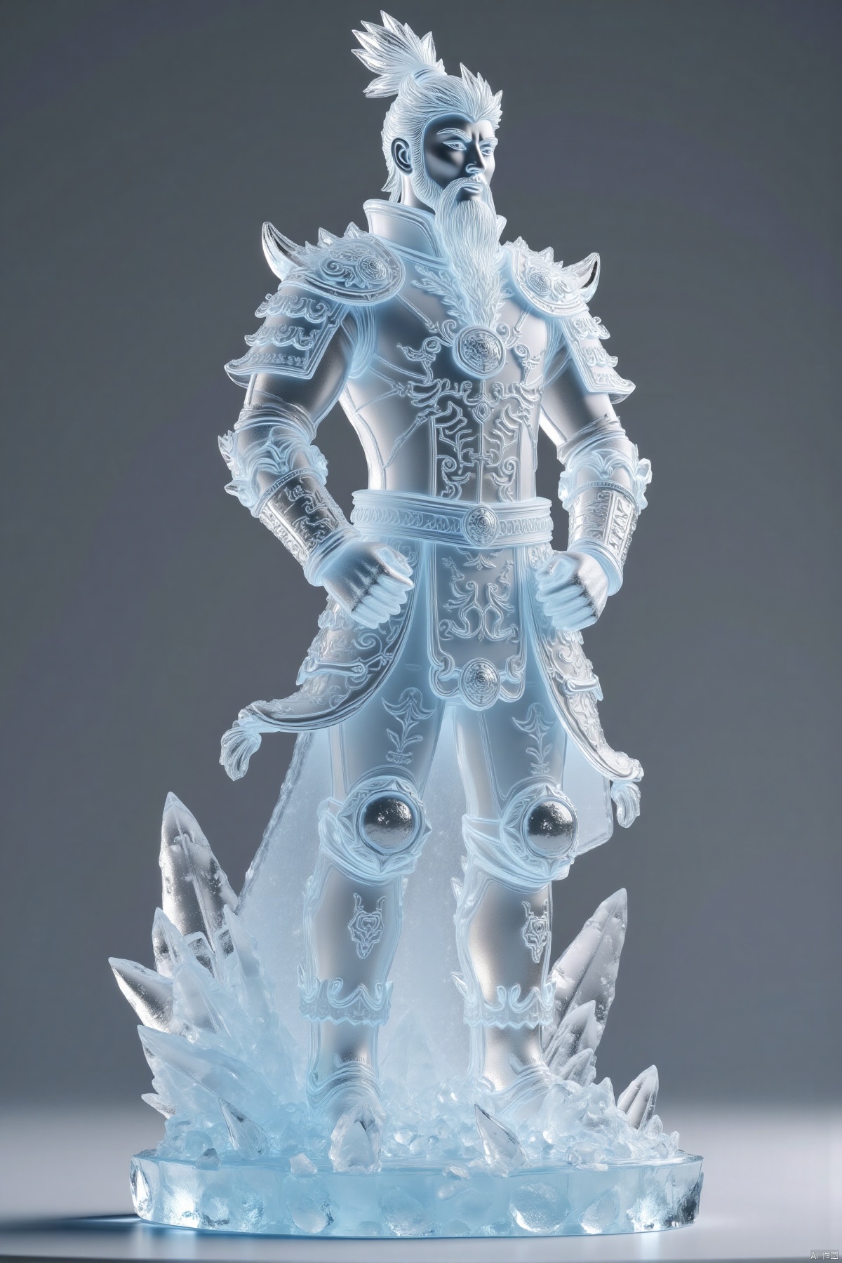 (ice and crystal statue,Ancient Chinese soldiers figurine,stands ground,gray background,cape flows,hands on hips,face turned side,looking off-frame),(best quality,4k,8k,highres,masterpiece:1.2),ultra-detailed,(realistic,photorealistic,photo-realistic:1.37),detailed armor,ornate helmet,beautiful detailed eyes,beautiful detailed lips,extremely detailed face,long eyelashes,strong and determined expression,ancient Chinese warrior,elegant and flowing cape,icy texture,crystal clear details,sharp focus,physically-based rendering,extreme detail description,professional,vivid colors,cool tones,soft lighting,shadows,atmospheric perspective,traditional Chinese art,concept art,illustration,digital painting