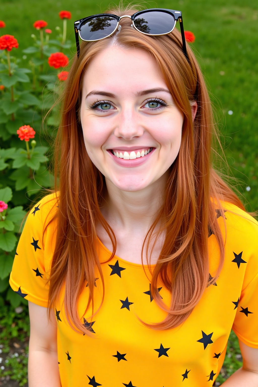 a woman with reddish-brown hair,  wearing a yellow shirt with black stars on it,  is smiling at the camera. She is wearing...