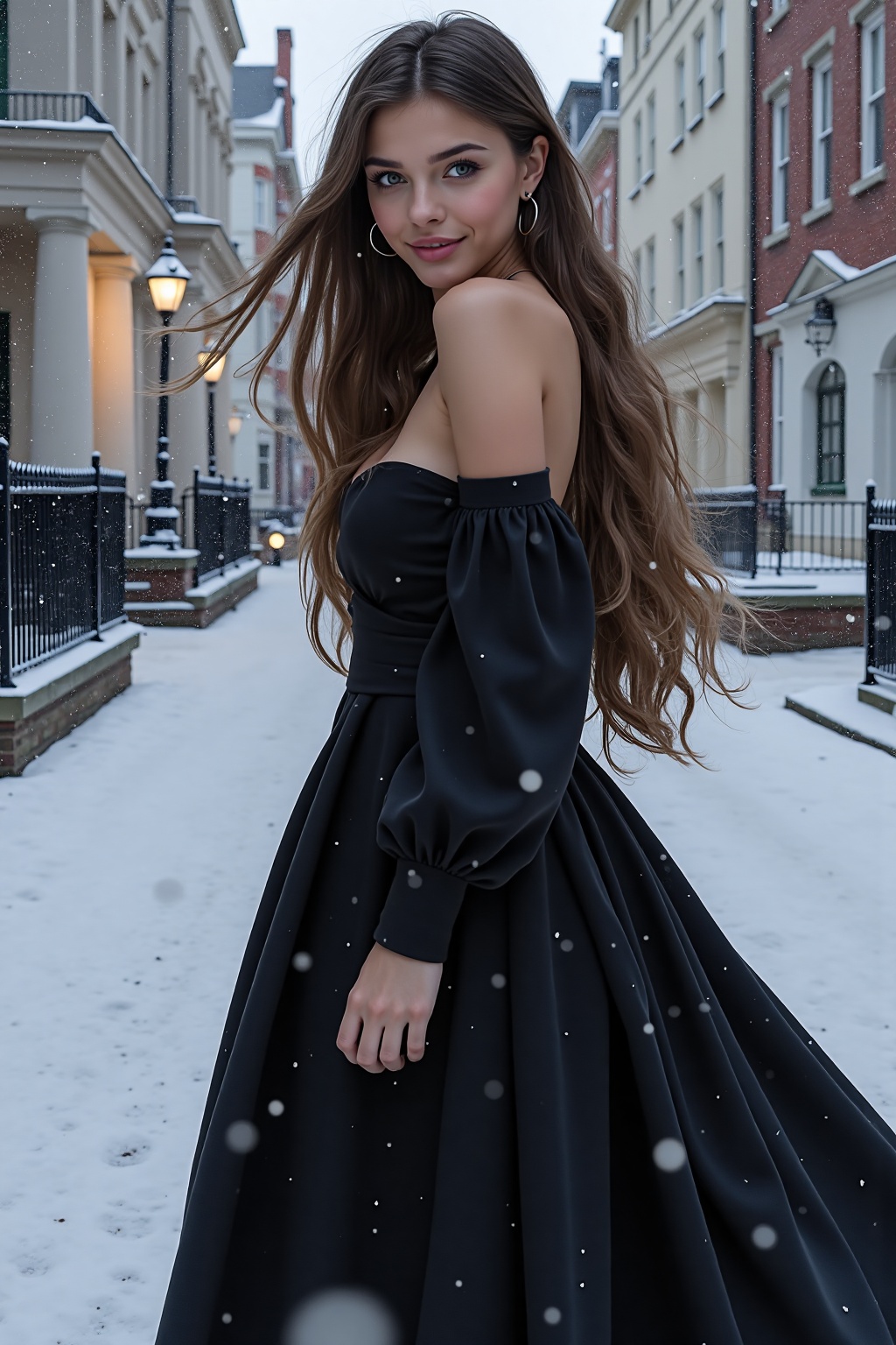 digital art,  a beautiful 24-year-old woman with long hair and a black long dress,  against the background of November Bos...