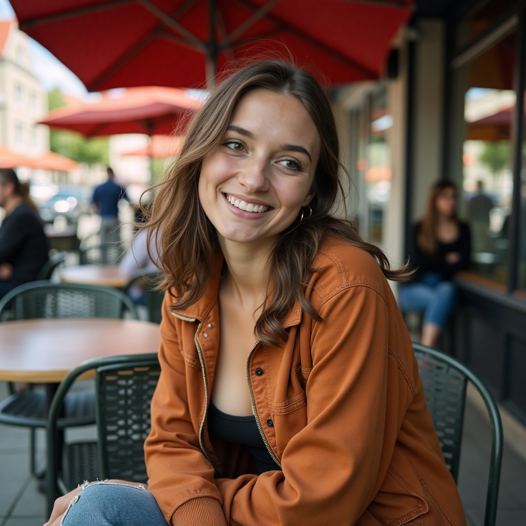 Photography. An ugly woman in her 30s sits in a sidewalk café in Copenhagen. She smiles cautiously. Looking away from the...