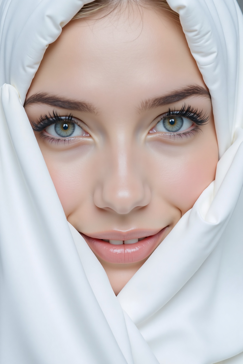Beautiful woman face covered by thin white opaque fabric close-up,  professional photo on Tensor.Art