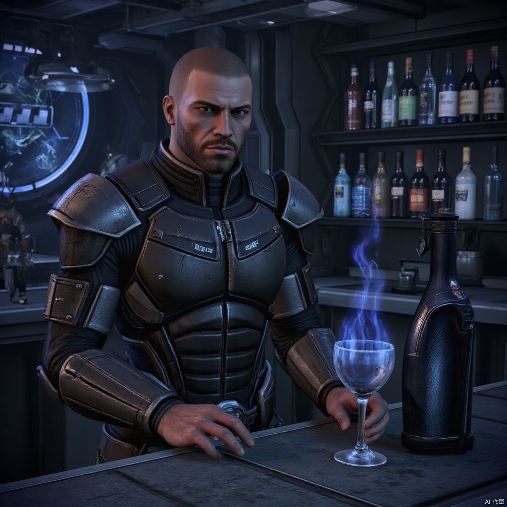 In the "Afterlife" bar in the Omega Space Station, which is like the belly of a steel behemoth, the noise and shadows are intertwined, and the neon lights are flickering, as if they are the beating pulse of this chaotic place. The music is like a surging tide, mixed with the whispers and shouts of various races, impacting every inch of the space.
 
In the center of the bar, a huge bar counter looks like a metal island, exuding a cold sheen. There are a dazzling array of all kinds of strange wine bottles. The bottles contain drinks with gorgeous colors from all corners of the universe, which seem to be the liquid microcosm of the stars in the Milky Way. The bartender is a slender Asari. She moves her arms and mixes the drinks skillfully. The wine bottle flies up and down in her hand like an acrobatic prop, attracting bursts of applause from the surrounding drinkers.
 
A man walked through the crowd and slowly walked to the bar. His face was resolute, like an alloy tempered by the flames of war. A shallow scar diagonally cut from the tip of his left eyebrow to his cheek, which seemed to shimmer under the blue light. His eyes were cold and sharp, as if he could penetrate the hustle and bustle of the bar and examine every figure passing through. He was wearing a worn-out but still high-quality Space Marine uniform. The scratches and dents on the armor silently told of the fierce battles in the past. The family crest on the shoulder armor has been worn away until only a vague outline remains, but it still shows a hint of stubborn glory.
 
He stood still in front of the bar, and his deep voice was clearly audible in the noise: "Have a glass of the Waller tribe's soul-burning liquor." The bartender nodded slightly and quickly took down a unique-shaped wine bottle from the wine rack behind him. , when the wine was poured into the glass, wisps of blue rose. The flames reflected the man's stern face. His fingers tapped rhythmically on the arm guard full of traces of battle damage. The energy sword beside him emitted a cold light, as if waiting for something with him, or something. The call of the next mission, or the appearance of an old enemy.,Mass Effect Game Characters,Mass Effect Game Scene