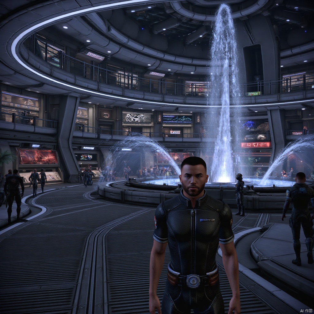 The magnificent interior of the Citadel Space Station is like an interstellar metropolis suspended in the vast universe. Outside the transparent energy shield, stars twinkled, and starships streaked past like meteors. Inside the station, on the busy traffic thoroughfare, there is a constant flow of alien races of all kinds, including the tall Krogans, the elegant Asaris, and the mechanical Getters.
 
Around the huge central square, there are many shops and stalls selling everything from rare technological components to exotic delicacies. In the center of the square, an exquisite fountain sprays out crystal clear water. In a zero-gravity environment, the water droplets float around like smart crystal balls, reflecting colorful light.
 
A human male agent is walking forward with a steady pace. He is wearing a black agent uniform, and the slim design highlights his strong figure. He has sharp eyes, with calmness and alertness in his eyes, always paying attention to what's going on around him. Under a head of neat short brown hair, there is a chiseled face, with a pair of smart goggles on the high bridge of his nose, which is constantly scanning and analyzing the surrounding people and environment. There is a special energy pistol on his waist, and the gun body flashes with a faint blue light, as if to tell its extraordinary power. At this moment, he is heading to a secret meeting place, with caution and a sense of mission in every step. In this complex and diverse Citadel space station, he is like a guardian hiding in the dark, silently protecting the interstellar space. Subtle Peace and Order,Mass Effect Game Characters,Mass Effect Game Scene,Commander Shepard