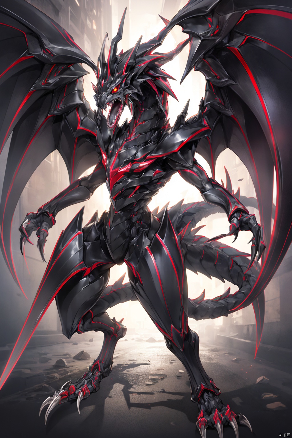 solo
open mouth
red eyes
tail
full body
wings
teeth
no humans
sharp teeth
claws
monster
dragon
duel monster
1girl