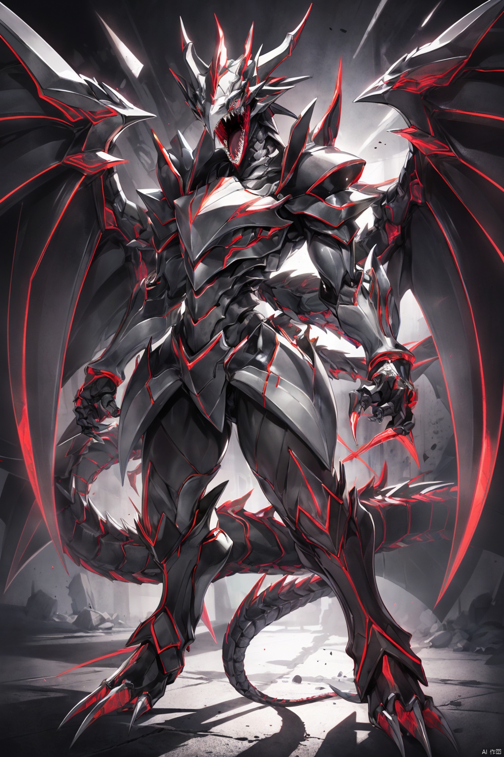 solo
open mouth
red eyes
tail
full body
wings
teeth
no humans
sharp teeth
claws
monster
dragon
duel monster
1girl