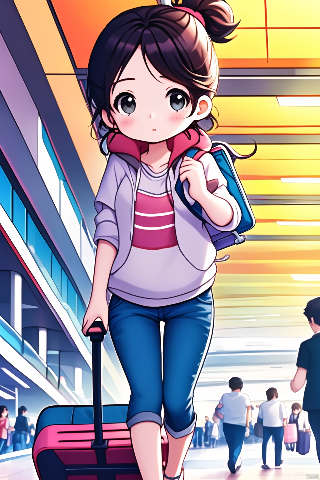 A young girl,  dressed in casual travel attire,  is pulling a colorful suitcase behind her at an airport. The bustling env...