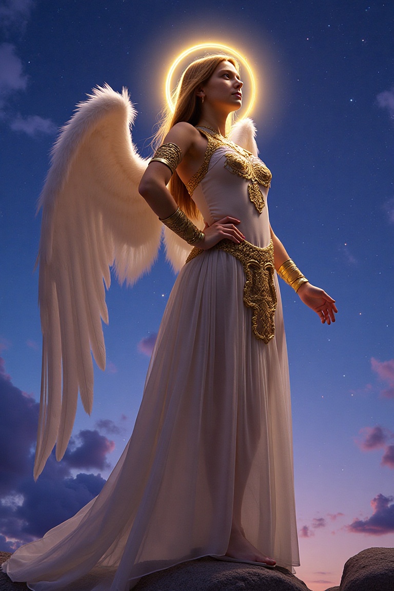 FabMilaDW stands resolute in a celestial scene,  her angalic armor glistening with a subtle sheen. The angalic wings sprou...