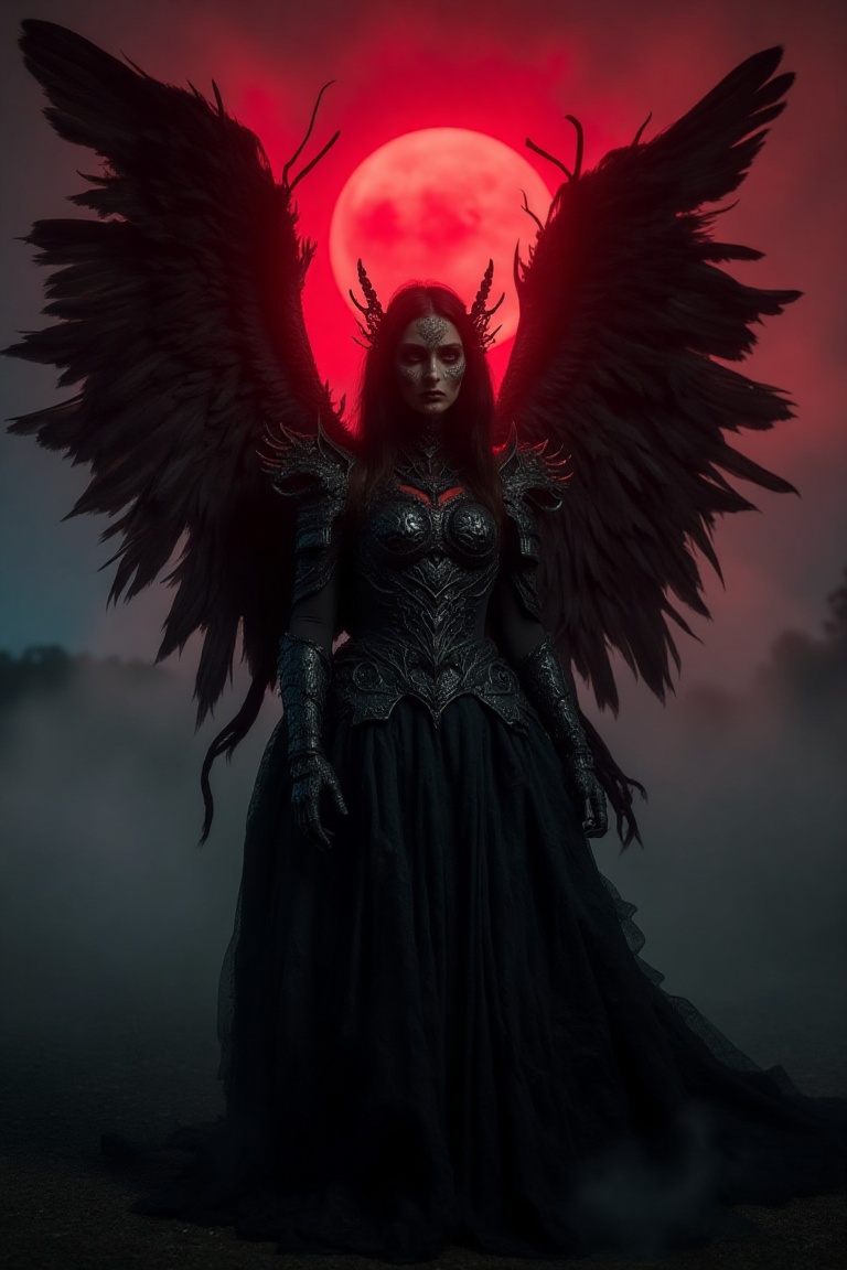 FabMilaDW stands resolute in a sad eerie scene,  her gothic armor glistening with a subtle sheen. The gothic black wings s...