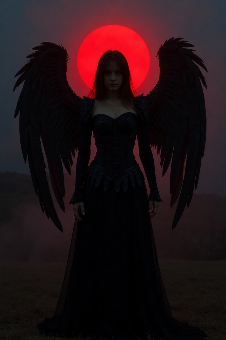 FabMilaDW stands resolute in a sad eerie scene,  her gothic armor glistening with a subtle sheen. The gothic black wings s...