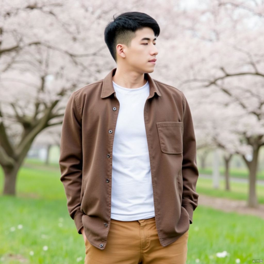a medium-sized Asian man stands in front of a backdrop of cherry blossom trees. He is dressed in a brown jacket, a white t-shirt, and a pair of brown pants. His hair is short and dark, and his eyes are closed. His lips are slightly parted, as if he is looking to the left. The backdrop is blurred, and the trees are adorned with white flowers, adding a touch of color to the scene.