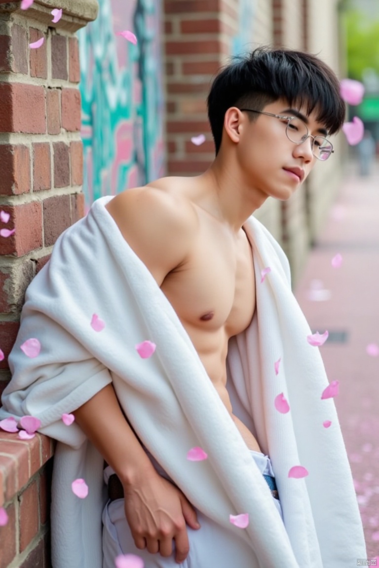 yunshuo,A young man with a charming glasses-adorned face leans against a weathered wall covered in vibrant graffiti, surrounded by a whirlwind of cherry blossom petals floating in the air. He wears a flowing white coat, its shoulder bare, showcasing his defined abs and chest muscles as he stands confidently, his gaze lost in thought amidst the romantic atmosphere.