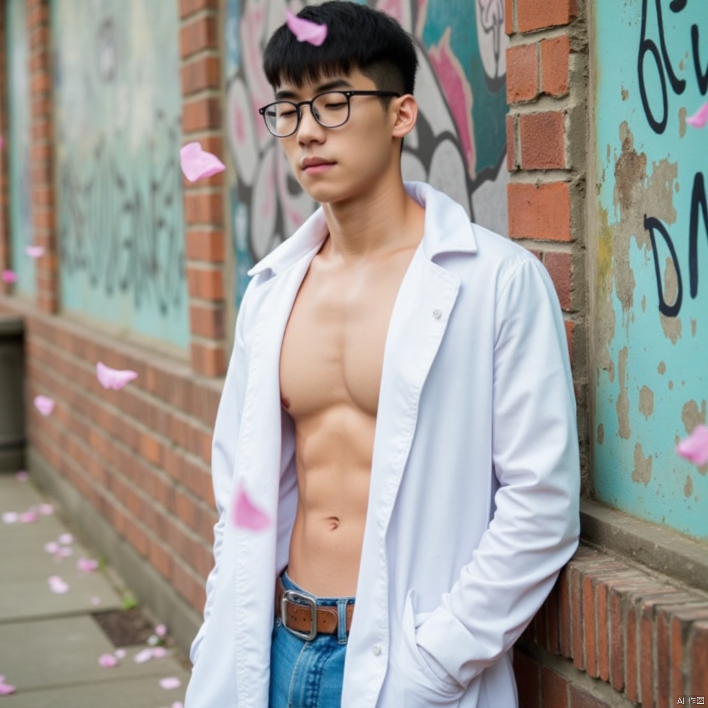 yunshuo,A young man with a charming glasses-adorned face leans against a weathered wall covered in vibrant graffiti, surrounded by a whirlwind of cherry blossom petals floating in the air. He wears a flowing white coat, its shoulder bare, showcasing his defined abs and chest muscles as he stands confidently, his gaze lost in thought amidst the romantic atmosphere.