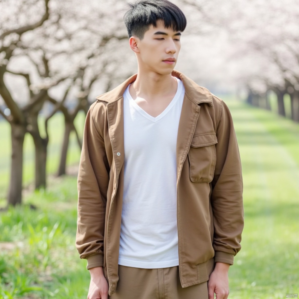 a medium-sized Asian man stands in front of a backdrop of cherry blossom trees. He is dressed in a brown jacket, a white t-shirt, and a pair of brown pants. His hair is short and dark, and his eyes are closed. His lips are slightly parted, as if he is looking to the left. The backdrop is blurred, and the trees are adorned with white flowers, adding a touch of color to the scene.