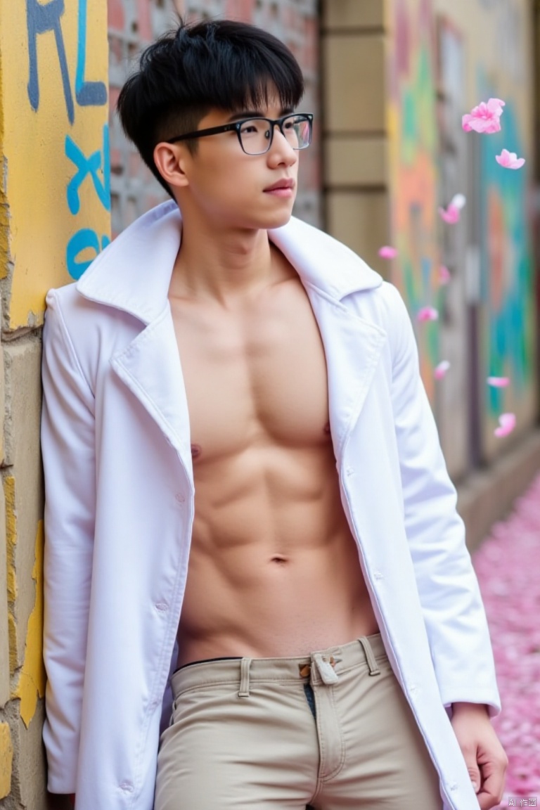 yunshuo,A young man with a charming glasses-adorned face leans against a weathered wall covered in vibrant graffiti, surrounded by a whirlwind of cherry blossom petals floating in the air. He wears a flowing white coat, its shoulder bare, showcasing his defined abs and chest muscles as he stands confidently, his gaze lost in thought amidst the romantic atmosphere.