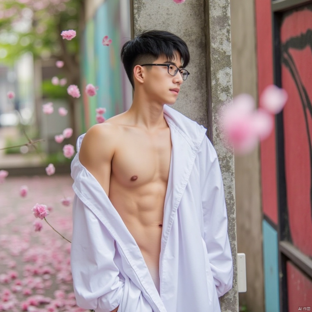 yunshuo,A young man with a charming glasses-adorned face leans against a weathered wall covered in vibrant graffiti, surrounded by a whirlwind of cherry blossom petals floating in the air. He wears a flowing white coat, its shoulder bare, showcasing his defined abs and chest muscles as he stands confidently, his gaze lost in thought amidst the romantic atmosphere.