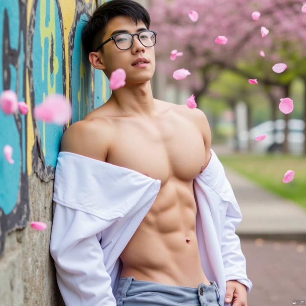 yunshuo,A young man with a charming glasses-adorned face leans against a weathered wall covered in vibrant graffiti, surrounded by a whirlwind of cherry blossom petals floating in the air. He wears a flowing white coat, its shoulder bare, showcasing his defined abs and chest muscles as he stands confidently, his gaze lost in thought amidst the romantic atmosphere.
