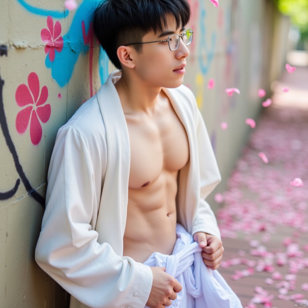 yunshuo,A young man with a charming glasses-adorned face leans against a weathered wall covered in vibrant graffiti, surrounded by a whirlwind of cherry blossom petals floating in the air. He wears a flowing white coat, its shoulder bare, showcasing his defined abs and chest muscles as he stands confidently, his gaze lost in thought amidst the romantic atmosphere.