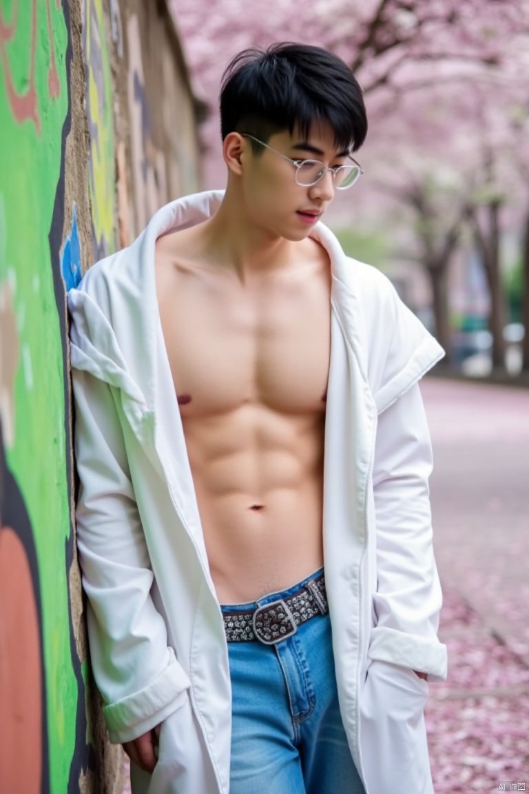 yunshuo,A young man with a charming glasses-adorned face leans against a weathered wall covered in vibrant graffiti, surrounded by a whirlwind of cherry blossom petals floating in the air. He wears a flowing white coat, its shoulder bare, showcasing his defined abs and chest muscles as he stands confidently, his gaze lost in thought amidst the romantic atmosphere.