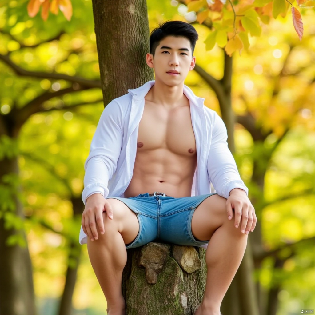 A young man with a handsome and dashing appearance sits atop a tree, his white windbreaker partially unbuttoned, revealing toned abdominal muscles and chest muscles. He wears cowboy shorts and the rustling leaves of the autumn trees float around him, as the golden light of afternoon casts long shadows beneath.KZH