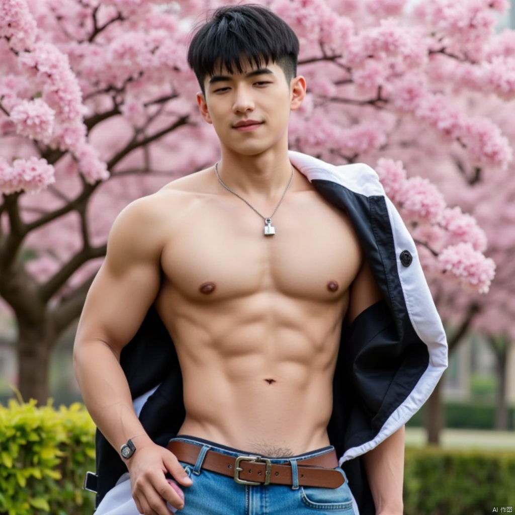 A dramatic solo portrait of a muscular male with short, black hair. He stands confidently, his closed eyes and subtle smile exuding a sense of calm contemplation. His jacket is open, revealing chiseled abs and broad shoulders. A necklace adorns his neck, drawing attention to the navel ring peeking out from beneath his pants. The background features a stunning cherry blossom tree in bloom, its delicate petals a striking contrast to the rugged male form. The camera captures the subject's powerful physique, showcasing prominent pectorals and abs as he stands amidst the floral beauty.