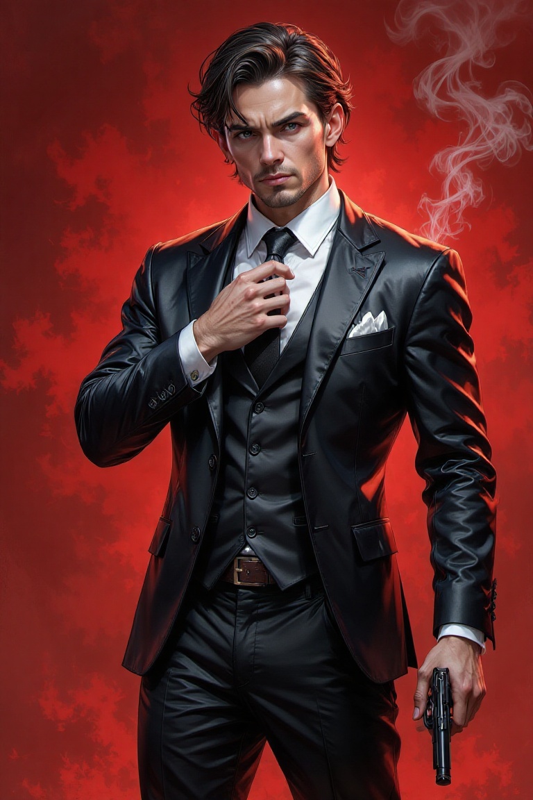 This image depicts a sharply dressed man with an intense,  confident expression,  set against a red background that convey...
