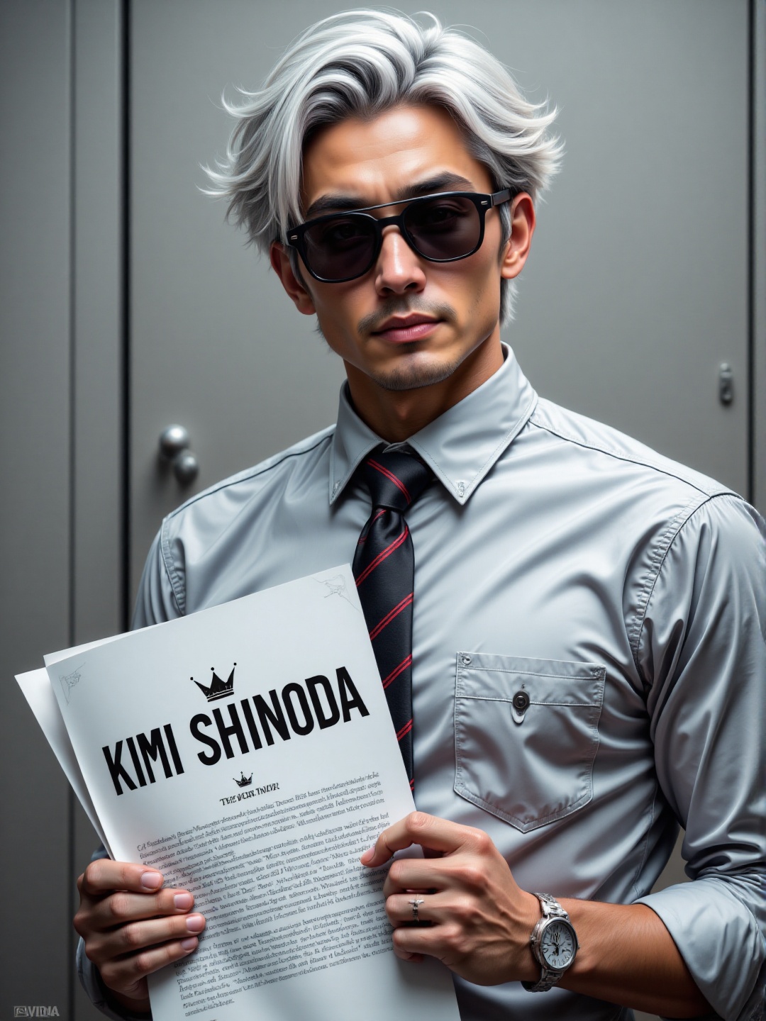 A man wearing a light gray button-up shirt and a striped tie,  with sunglasses,  stands confidently holding a rolled-up do...