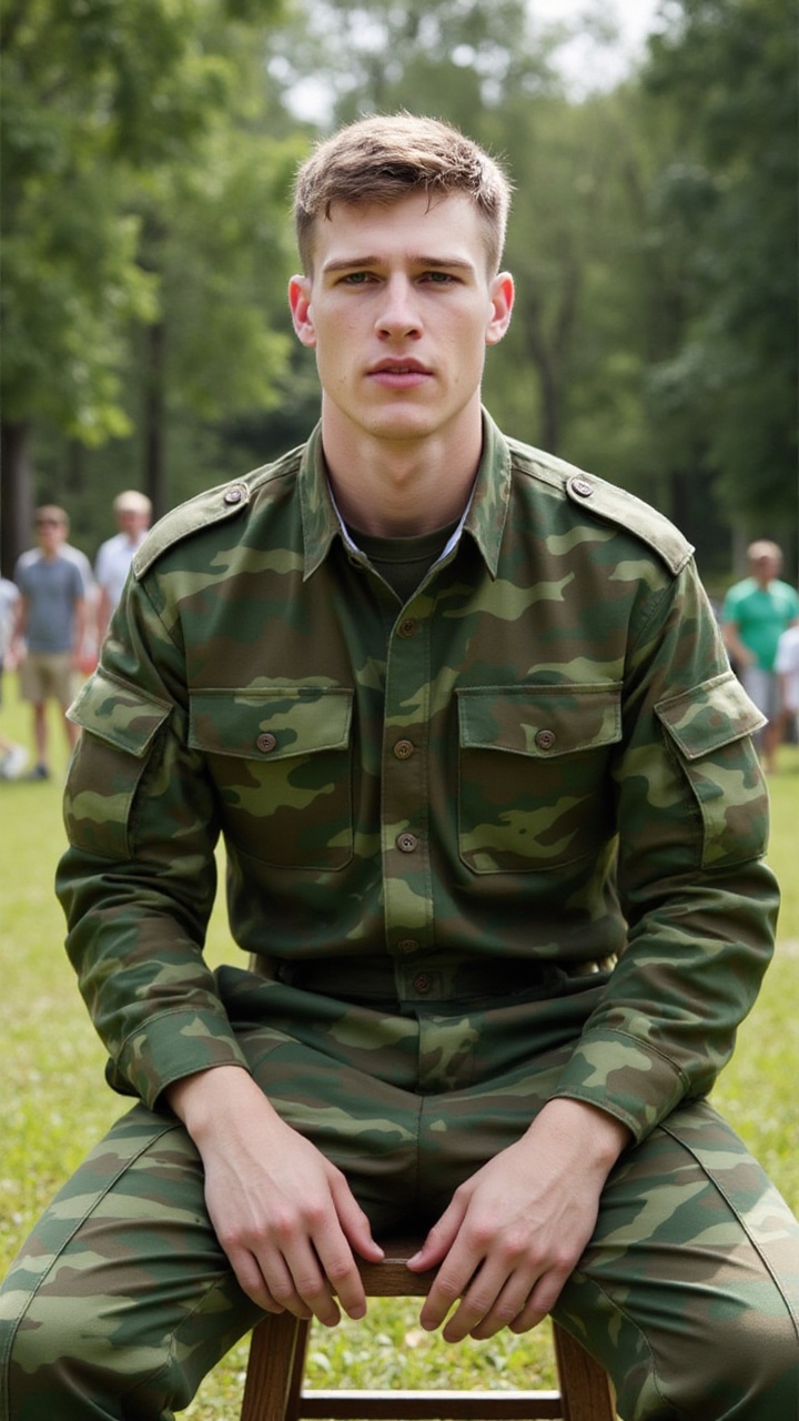 A young man wearing a military camouflage uniform sits outdoors on a wooden stool. He has a clean-shaven face with short c...