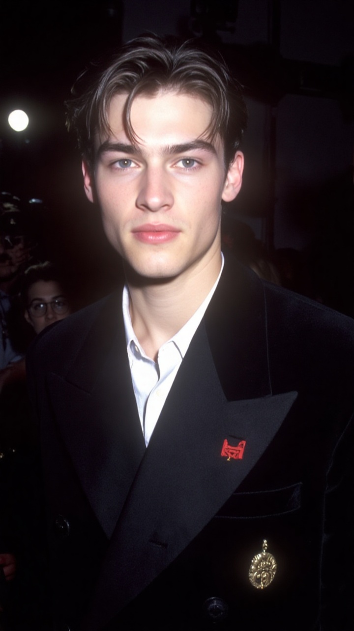 a 2000s paparazzi photo of a 18 years old handsome young man,  he is wearing a black velvet tuxedo by Gucci by Tom Ford. H...