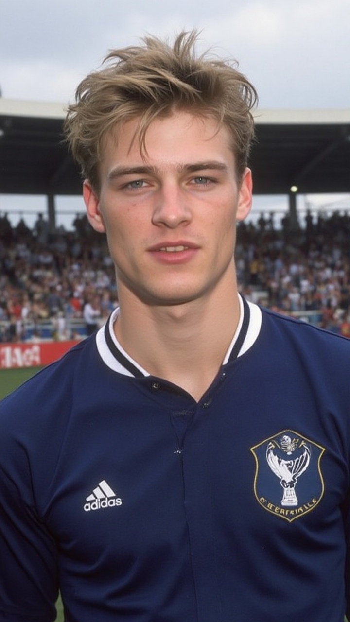 a 2000s paparazzi photo of a 18 years old handsome young man,  he is wearing a tight dark blue soccer jersey. He is very a...