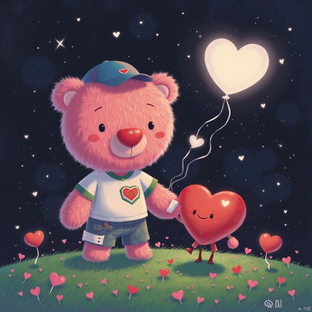 This image features a whimsical and heartwarming scene with a pink teddy bear in a stargazing night setting. The plush bear, distinct with its vibrant red heart-shaped nose and a tender smiling expression, is adorned with a small blue baseball cap and a white shirt decorated with a green and red emblem, giving it a playful look. Its left leg is bandaged, adding a touch of vulnerability.

On the right side, the bear is holding hands with a smaller, animated red heart character. This heart, characterized by its matching bright red color, has tiny arms and legs and a cheerful demeanor, enhancing the playful and magical feel of the scene. The ground is a lush green, dotted with tiny pink hearts, suggesting a theme of love and joy.

The background is a dark night sky illuminated by numerous small, white heart-shaped specks, mimicking stars. A larger, bright white heart glows prominently in the upper right corner, symbolizing hope and love. Floating near the bear is another heart tied to a string, indicative of a heart-shaped balloon, adding a celebratory touch to the atmosphere.

This charming tableau invokes feelings of love, care, and magical whimsy, perfect for a storybook illustration or a heartening poster.