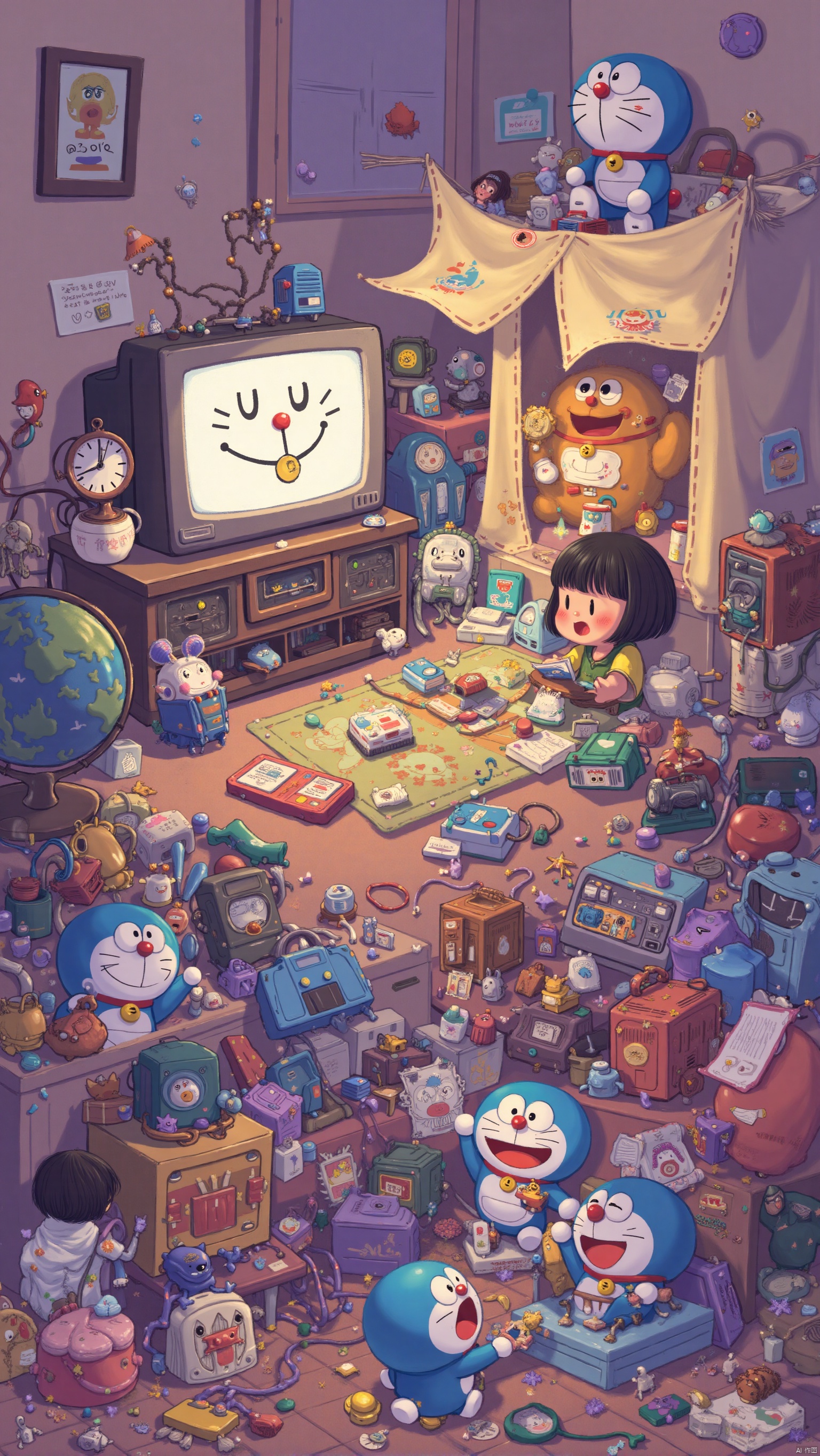 This vibrant, imaginative illustration features a cozy, cluttered room filled with a dynamic and colorful array of objects and characters, seemingly drawn from various animated worlds. In the center, there's an old-fashioned television displaying a white "Doraemon" face, a classic and beloved character from Japanese animation. To the right, another recognizable character, the iconic "Doraemon," is playfully peeking from behind a cloth-covered construct that resembles a makeshift fort. 

Surrounding the space are other animated figures; one directly above the TV resembles a miniature construction worker, while another in the upper right corner could be a depiction of a small, whimsical robot. The child at the forefront, with her hair styled in a bob, is intently focussed on a handheld game, oblivious to a playful character dressed in a potato costume beside her. Various objects like clocks, a globe, and electronic gadgets add to the whimsical chaos, creating a lively, adventurous atmosphere. 

The scene emits a warm, inviting glow, suggesting it could be set during a playful evening where imagination transforms the ordinary into a realm of endless possibilities and joy. The artwork masterfully blends elements of nostalgia with a touch of futuristic whimsy, engaging viewers of all ages in its charming tableau.